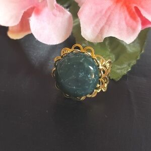 Jade Stone Ornate Gold Filigree Ring Jade Statement Ring